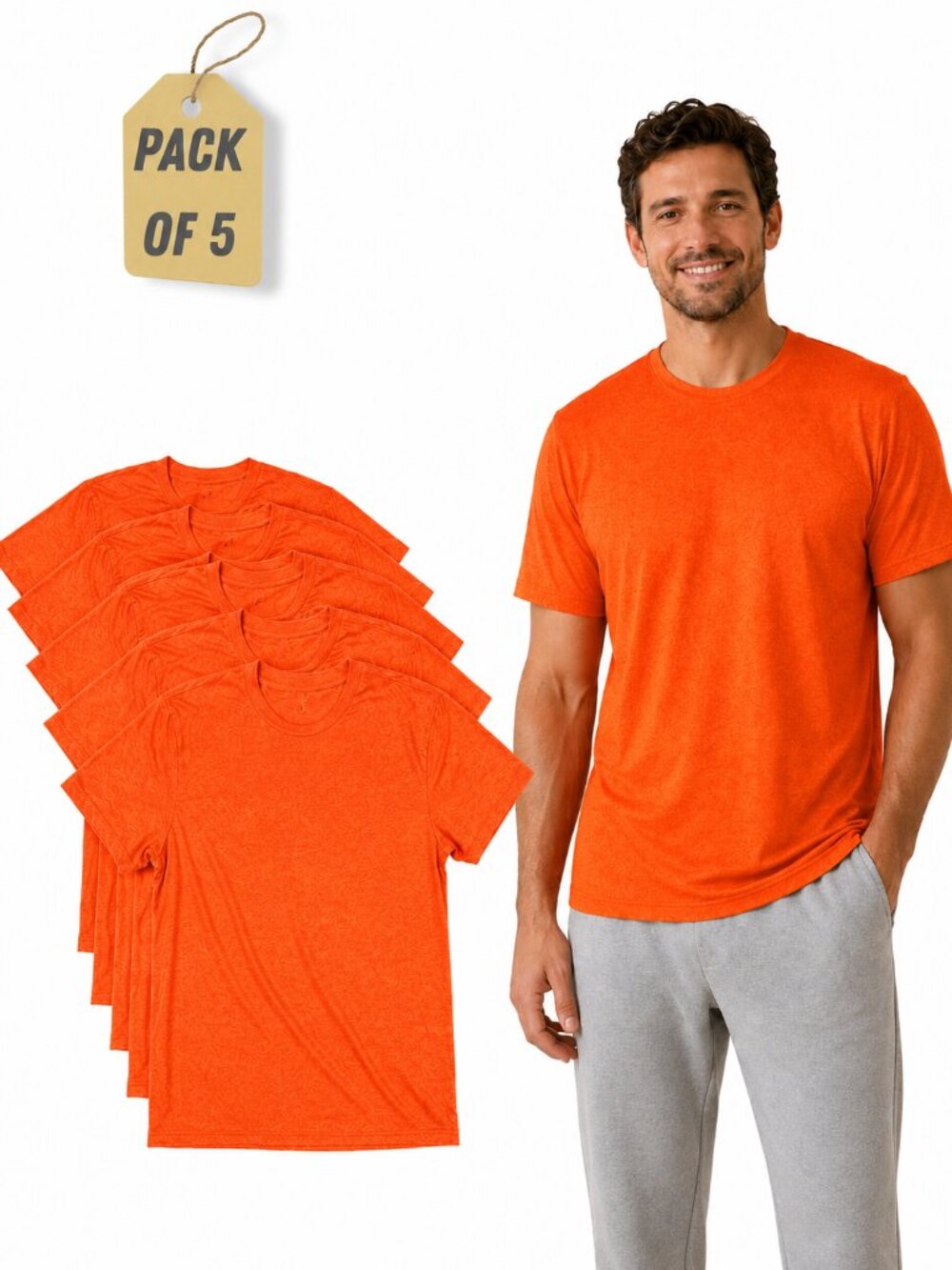 Men's 5-Pack Orange Crew Neck T-Shirts, Plain Basic Short Sleeve Tee Bundle